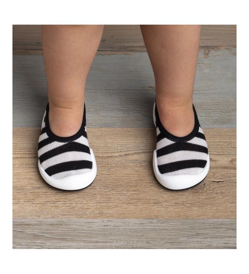 Infant Boy Girl First Walk Sock Shoes Flat Black Stripe