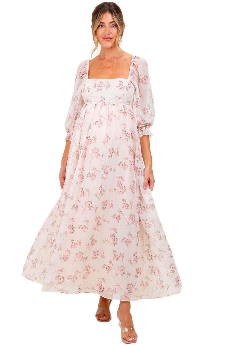 Women's Light Pink Floral Chiffon Long Sleeve Maxi Dress