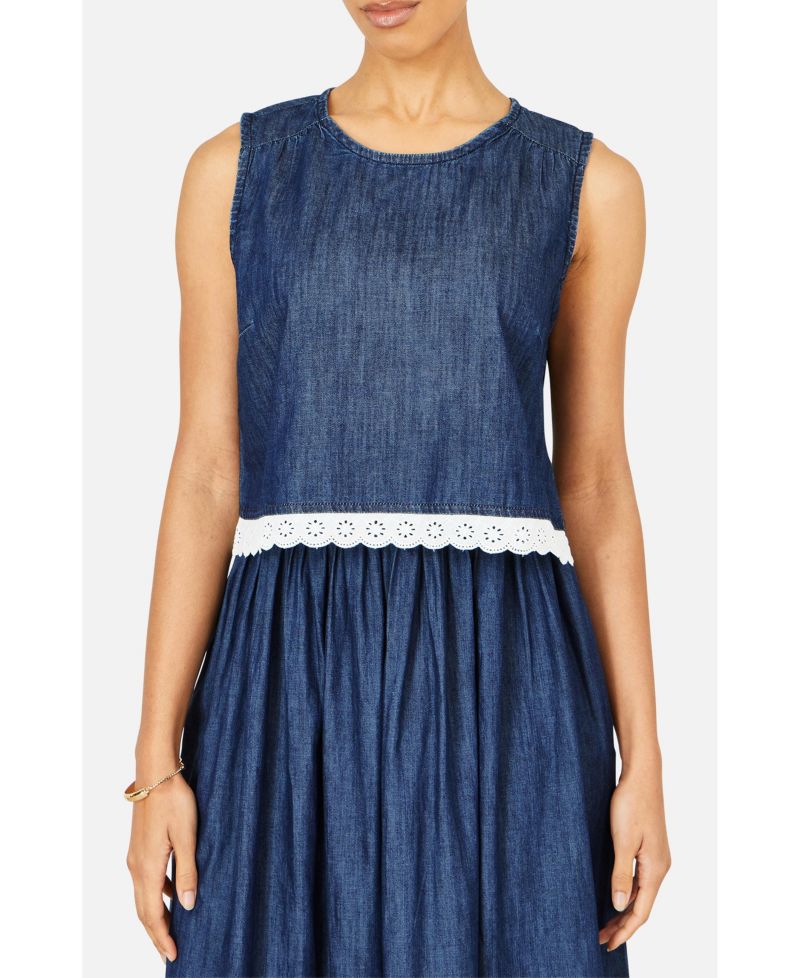 Women's Cotton Chambray Lace Trim Top
