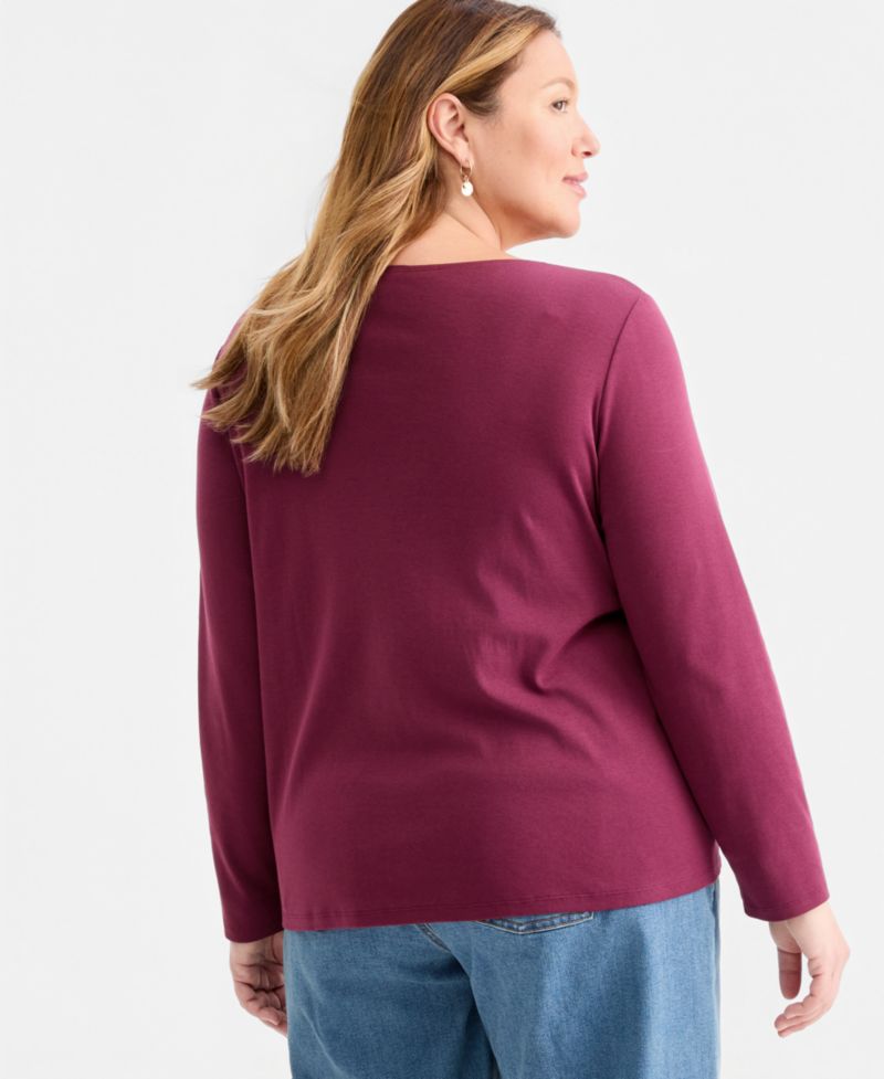 Petite Scoop-Neck Long-Sleeve Cotton Top
