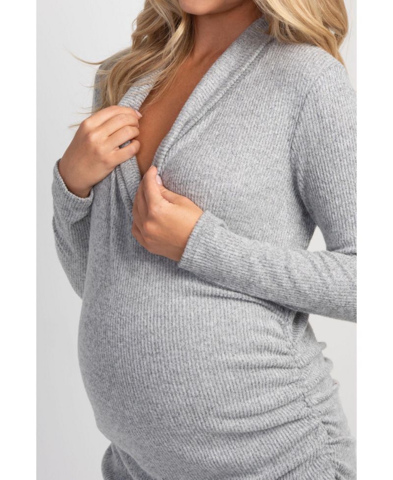 Maternity Nursing Ribbed-Knit Crossover V-Neck Long-Sleeve Top