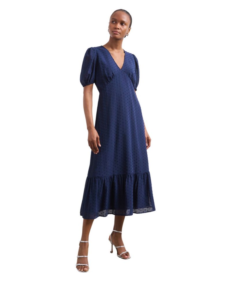 Women's Loretta Fit & Flare Empire Waist Puff-Sleeve V-Neck Georgette Midi Dress