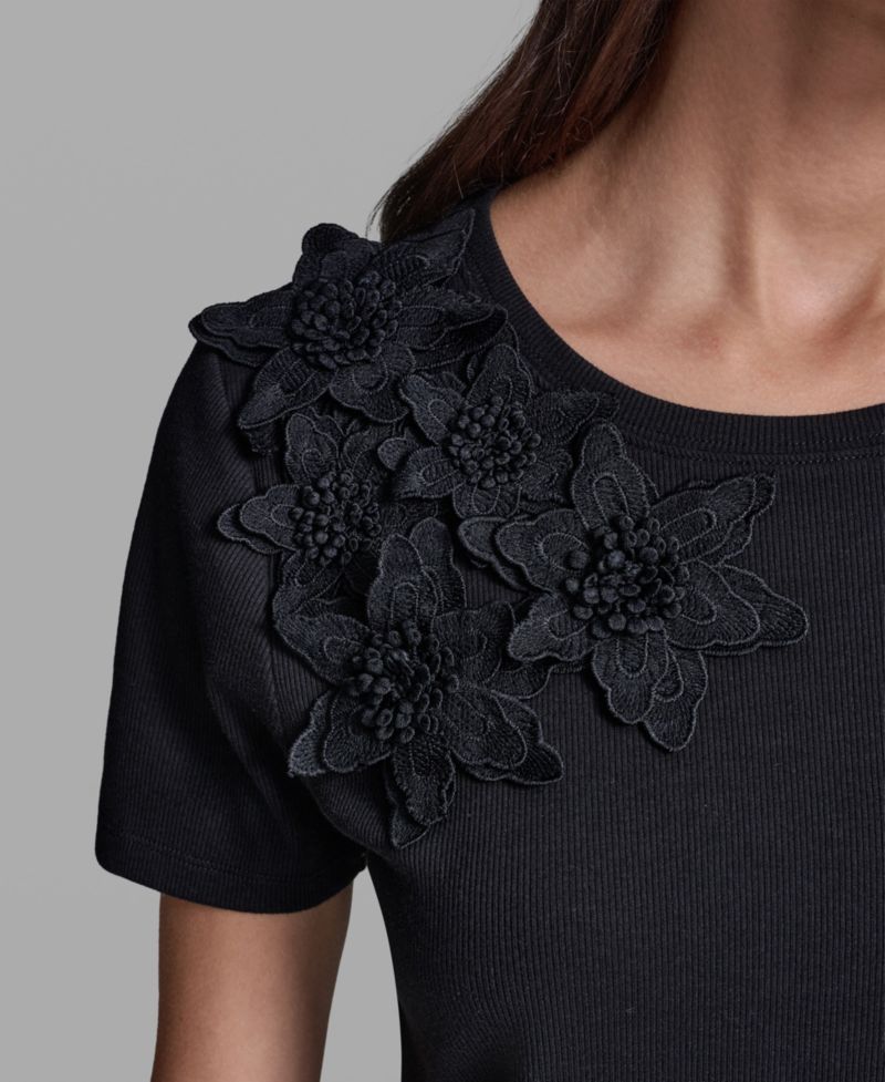 Women's Floral Applique Short-Sleeve Rib Knit Top