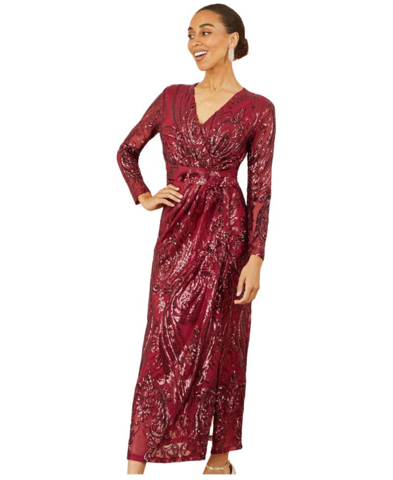 Women's Sequin Midi Long Sleeve Wrap Dress
