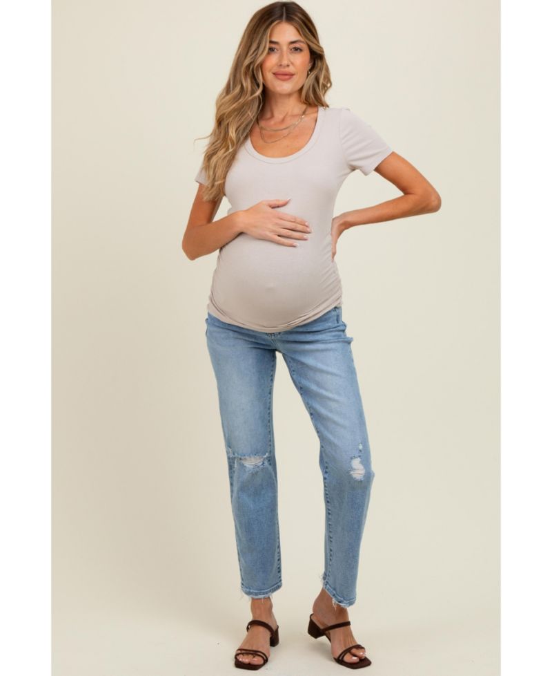 Women's Light Blue Distressed Open Knee Ankle Straight Leg Jeans