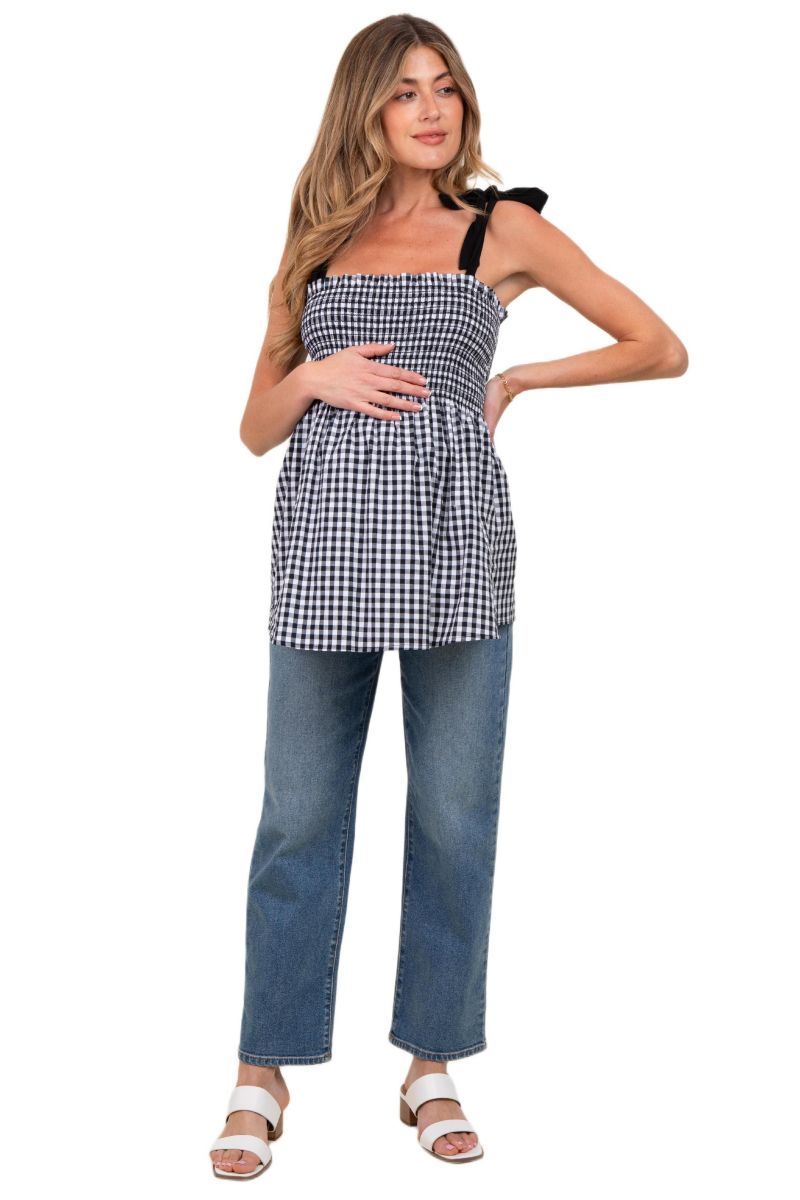 Women's Black Gingham Smocked Shoulder Tie Top