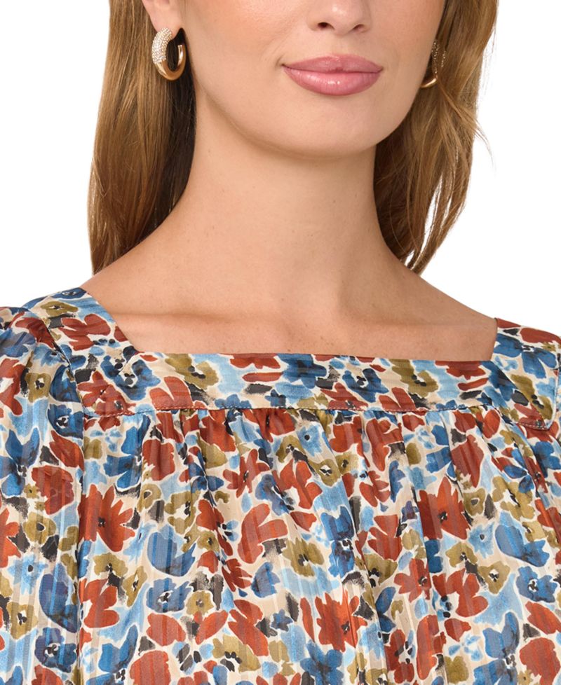 Women's Floral Square Neck 3/4-Sleeve Blouse