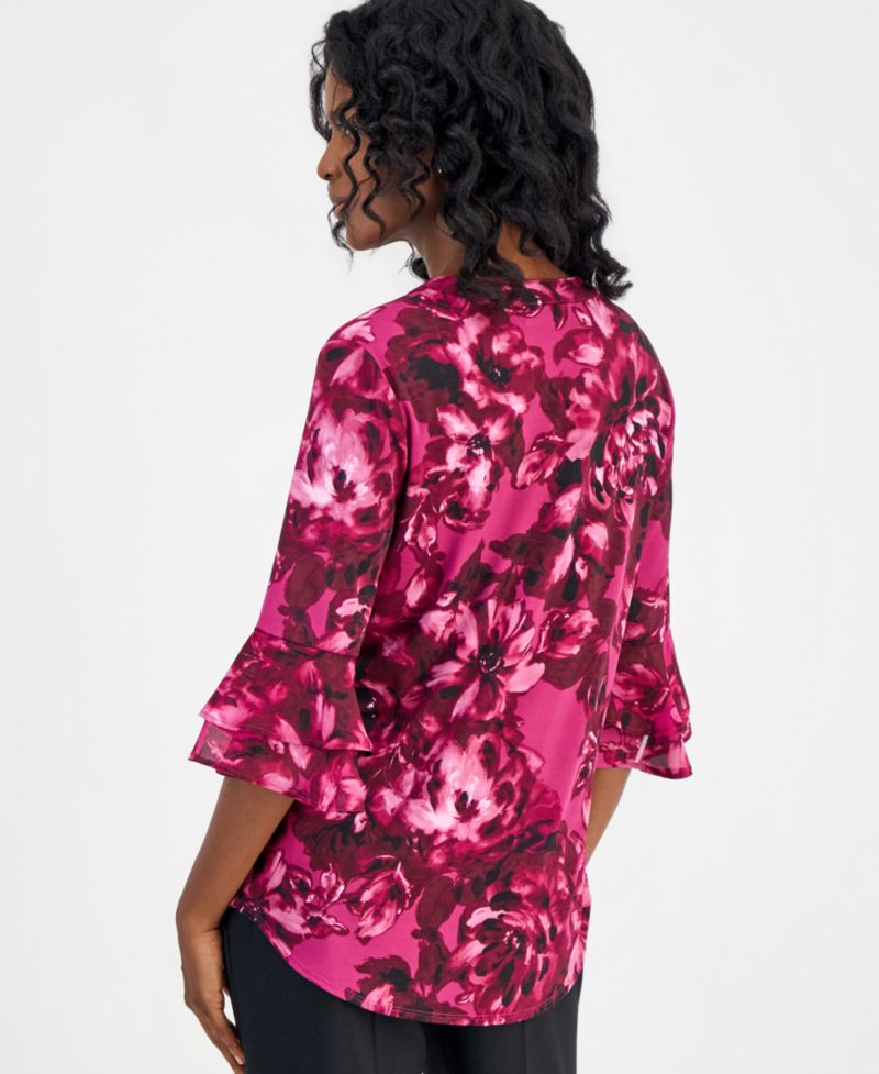 Women's Mixed-Media Tiered-Flutter-Sleeve Top
