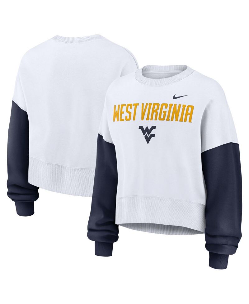 Women's White West Virginia Mountaineers Color-Block Oversized Cropped Pullover Sweatshirt