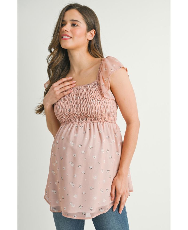 Maternity Smocked Square Neck Floral Empire Waist Top