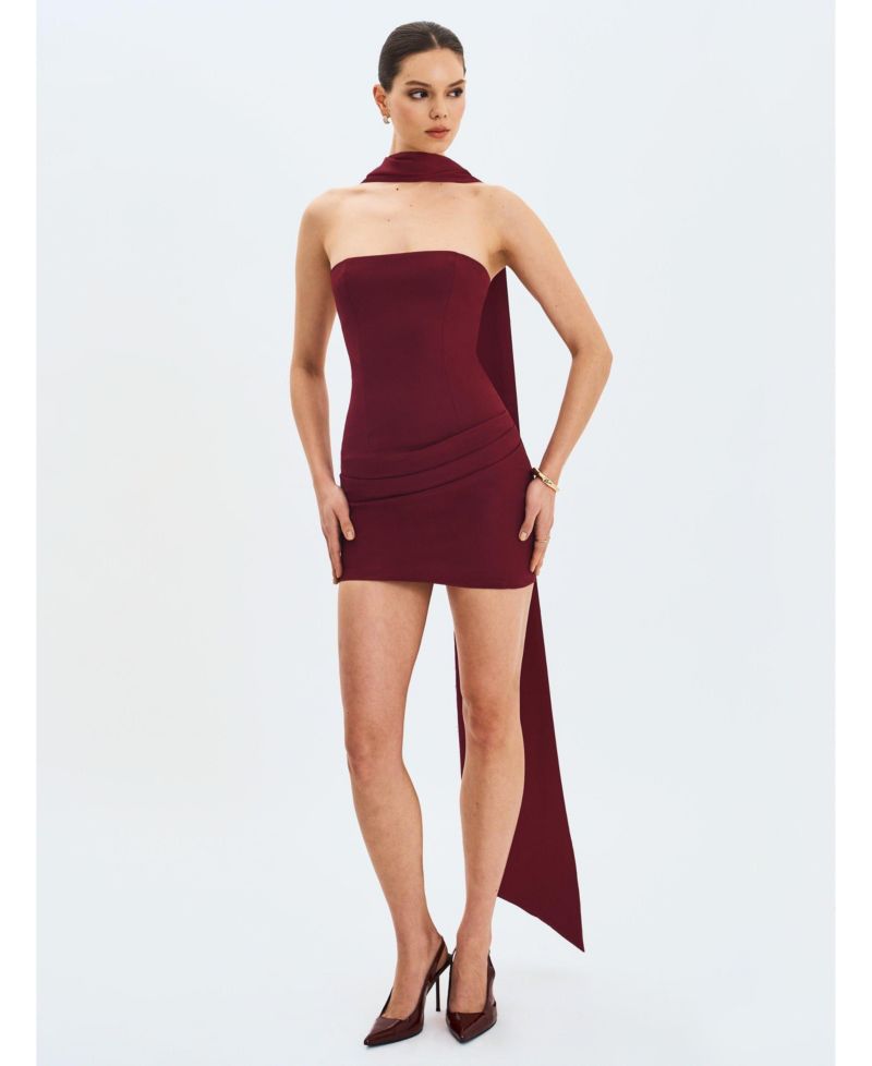 Women Ovelia Crimson Satin Ribbon Strapless Mini Dress