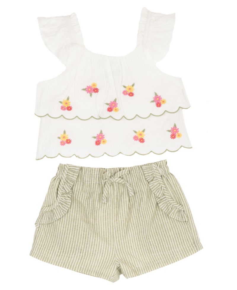 Baby Girls' Flutter Cap Sleeve Top and Stripe Olive Shorts, 2-Piece Set
