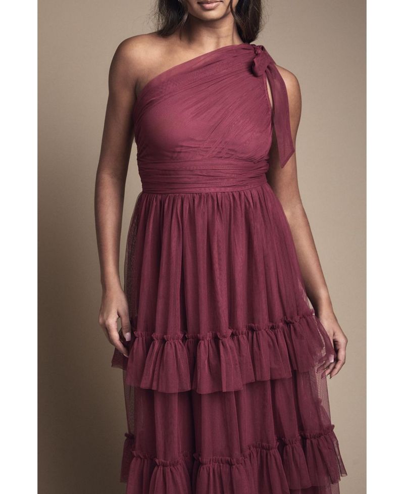 Women's Pleated One Shoulder Tiered Maxi Dress