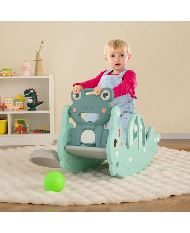 3-in-1 Kids Slide Rocking Horse Set Convertible Toddler Slide w/ Basketball Hoop Green