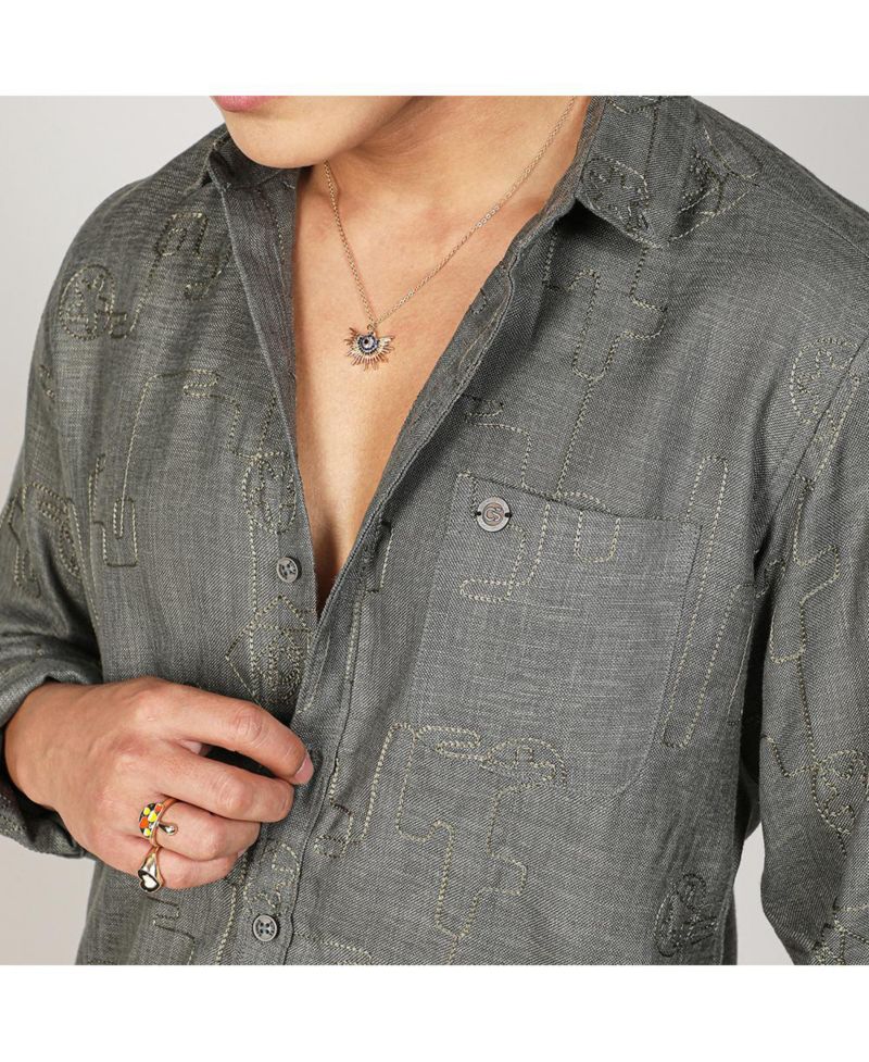 Men's Olive Green Embroidered One-Lined Shirt