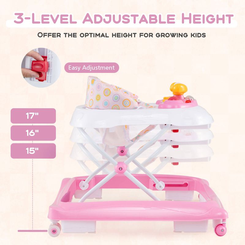 Foldable Baby Walker with 3 Adjustable Heights Comfy Padded Seat