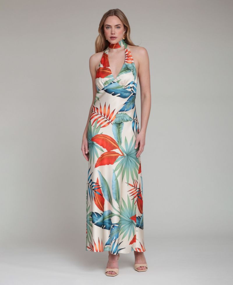 Women's Printed Halter Scarf-Tie Maxi Dress