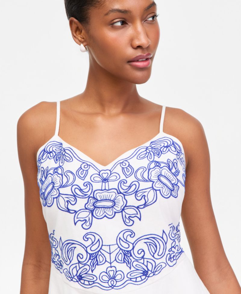 Women's Linen Blend Solid Cutwork Tank Midi Dress