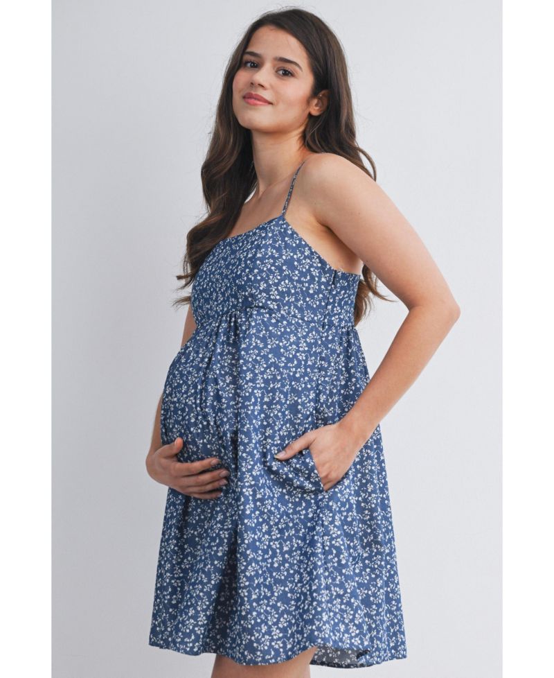 Maternity Floral Square-Neck Adjustable Strap Romper with Pockets