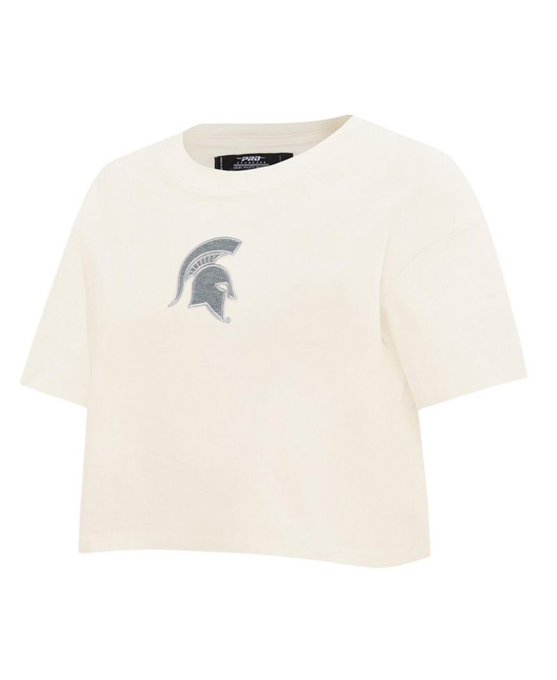 Women's Cream Michigan State Spartans Reverse French Terry Boxy Cropped T-Shirt