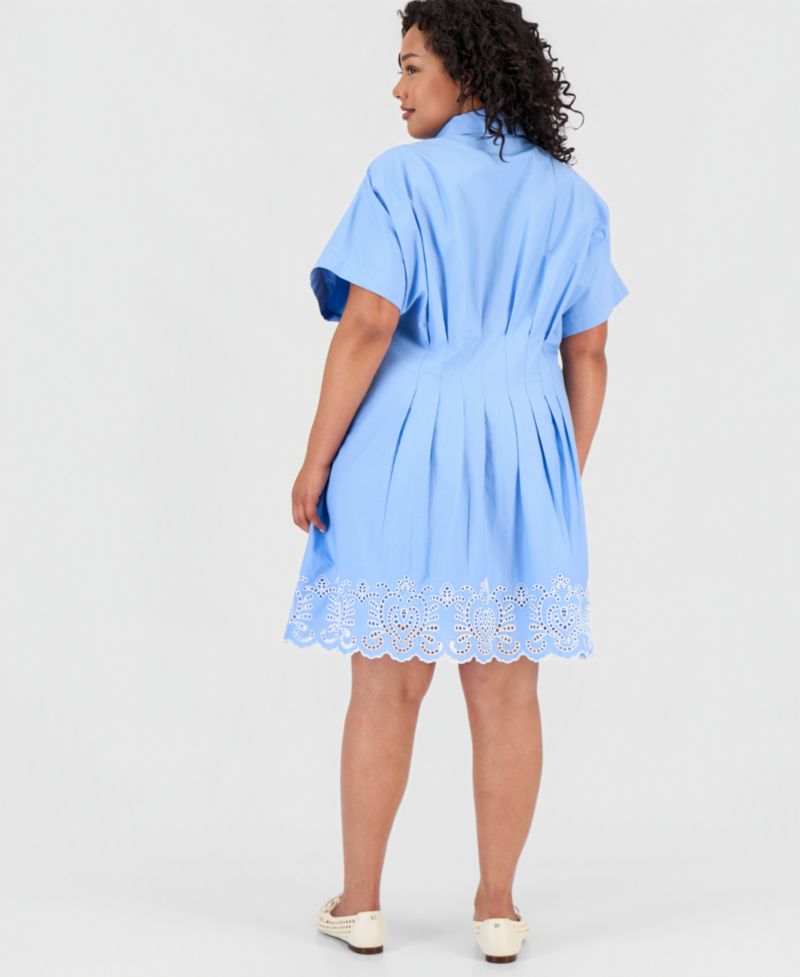 Trendy Plus Size Lotus Sprigs Cutwork Mini Shirtdress