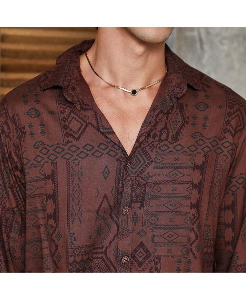 Men's Russet Brown Aztec-Imprint Shirt