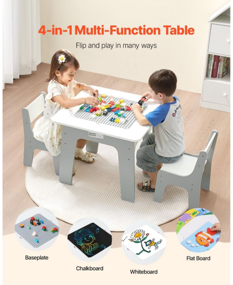 4-in-1 Kids Activity Table & 2 Chairs Set, Double-Sided Graffiti/Blocks Top w/ Storage, Ages 3+
