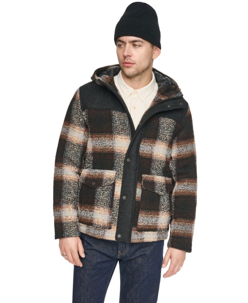Men's Wool Blend Plaid Hooded Jacket