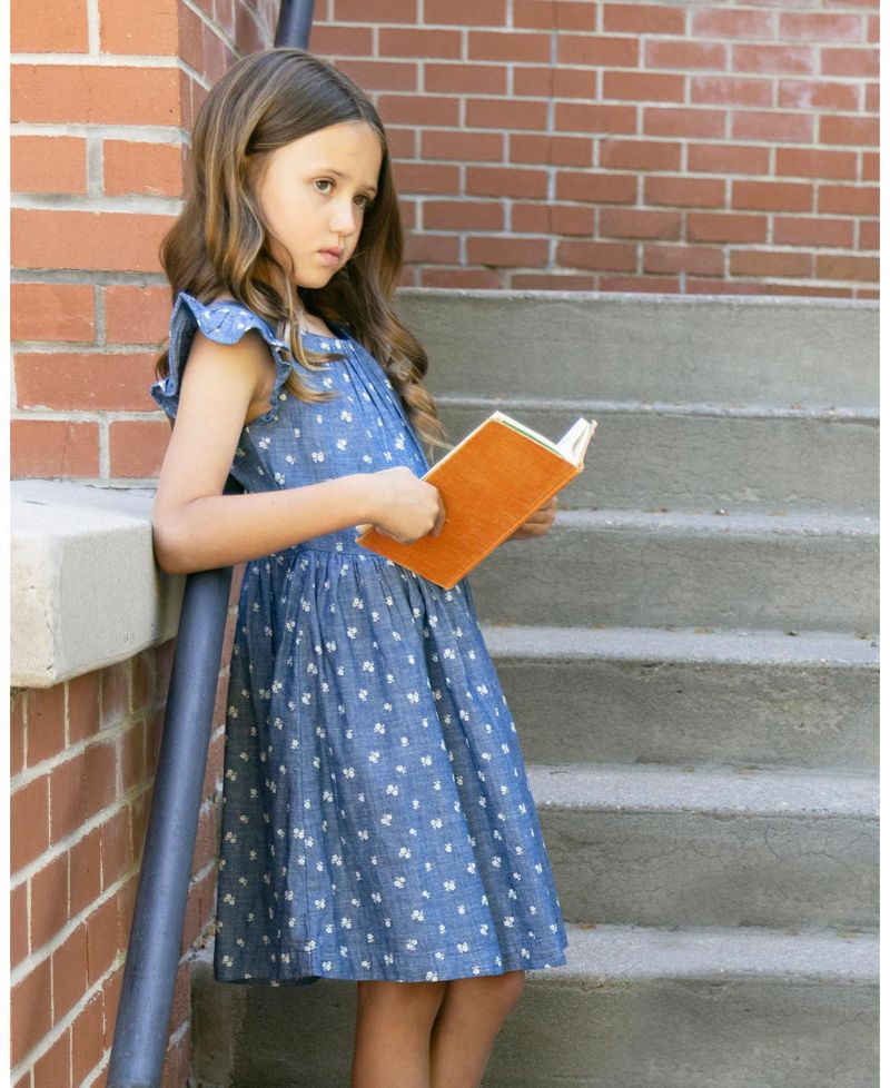 Girls' 4-16 Chambray Smocked-Waist Ruffle-Sleeve Dress