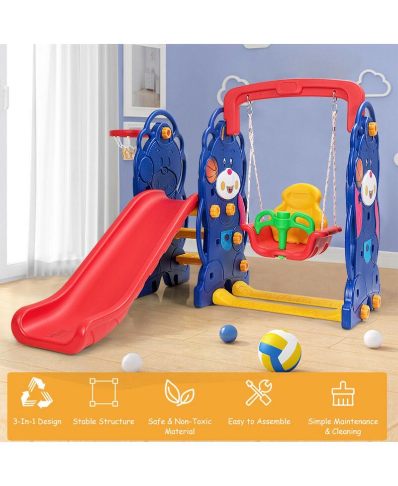 3 in 1 Toddler Climber and Swing Set Kid Climber Slide Playset w/Basketball Hoop