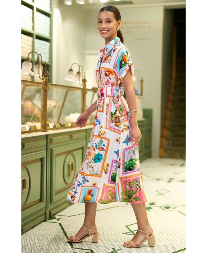 Women's Tropical Postcard Print Midi Shirt Dress
