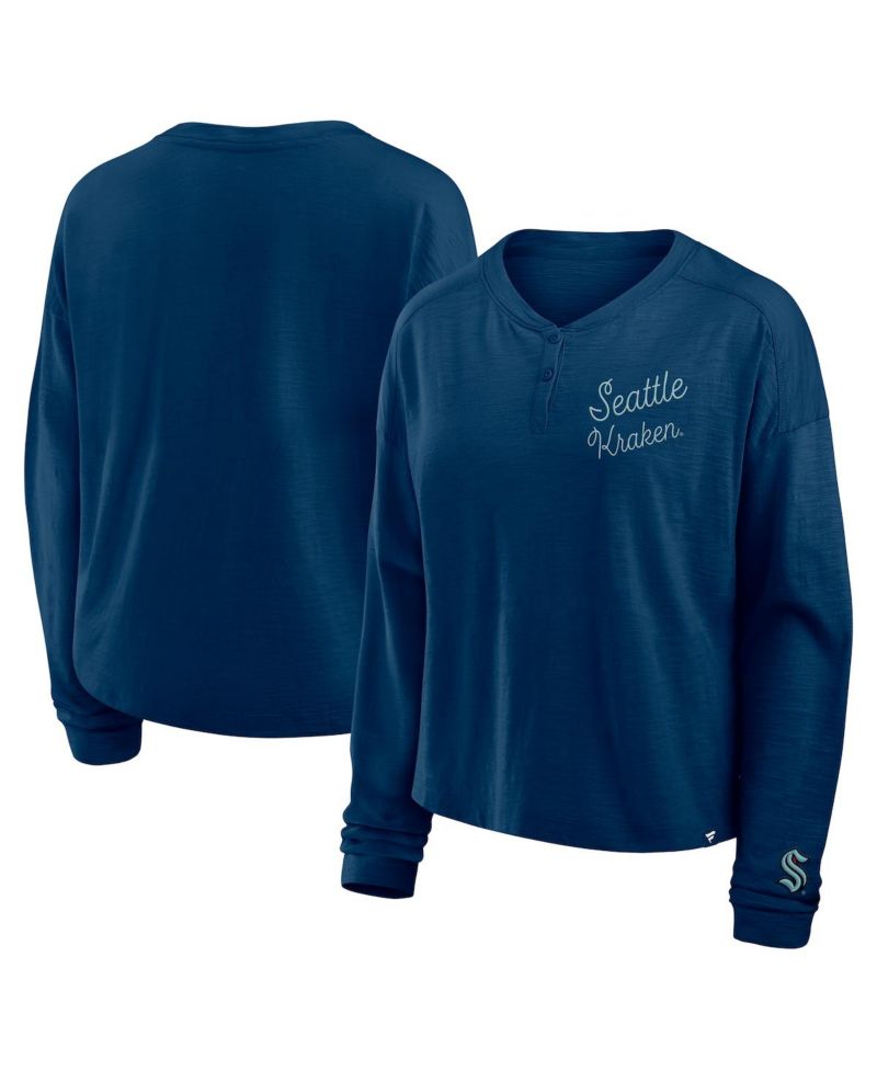 Women's Deep Sea Blue Seattle Kraken Oversized All Out Effort Long Sleeve Henley T-Shirt