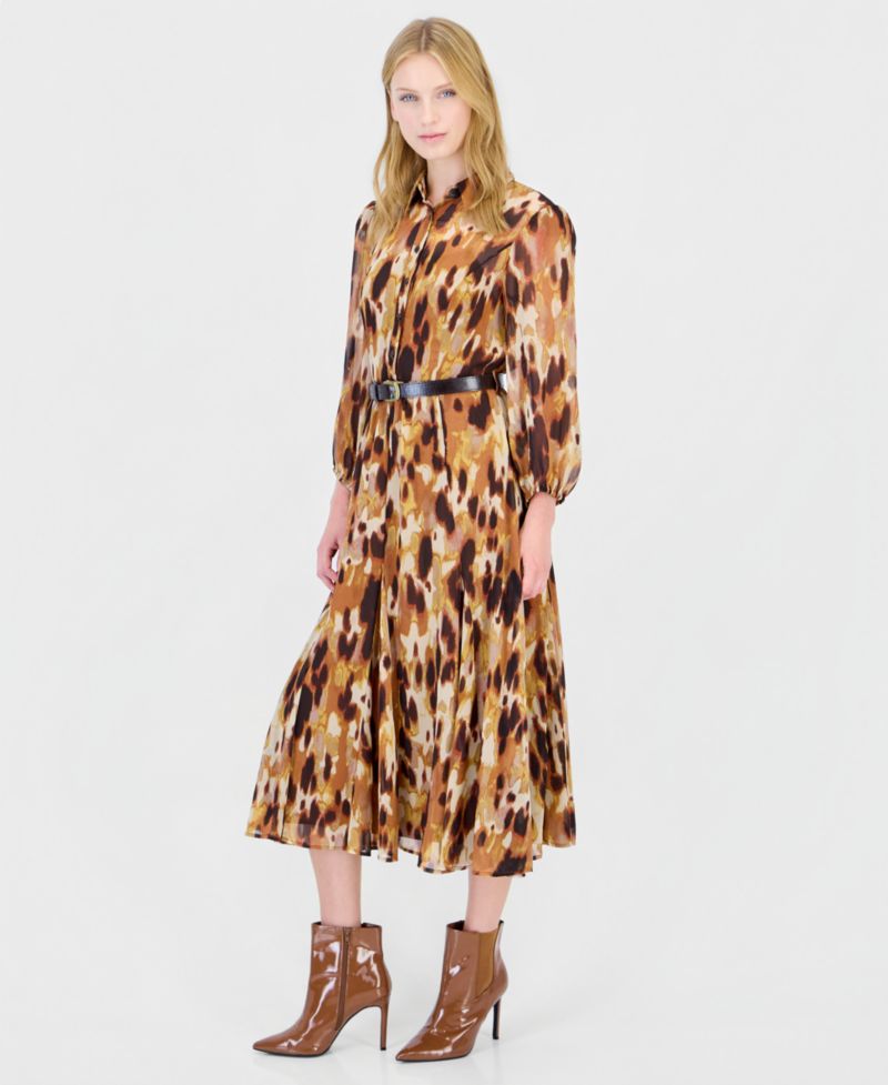 Women's Long-Sleeve Belted Midi Shirt Dress