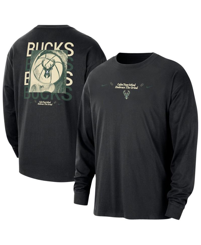Men's Black Milwaukee Bucks Courtside Oversized Long Sleeve T-Shirt