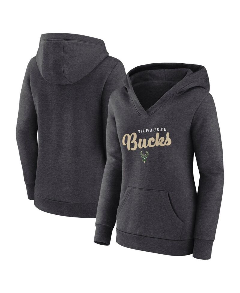 Women's Heather Charcoal Milwaukee Bucks Triumphant V-Neck Pullover Hoodie