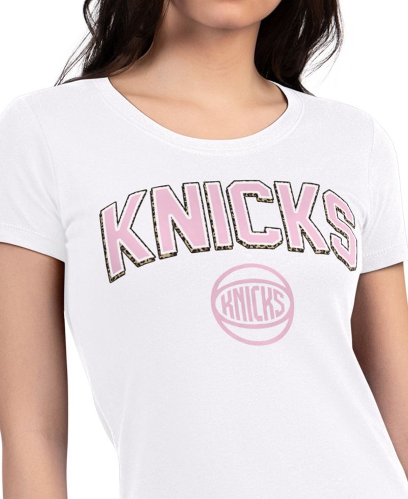 Women's White New York Knicks Pink Leopard Super-Slim Lightweight T-Shirt