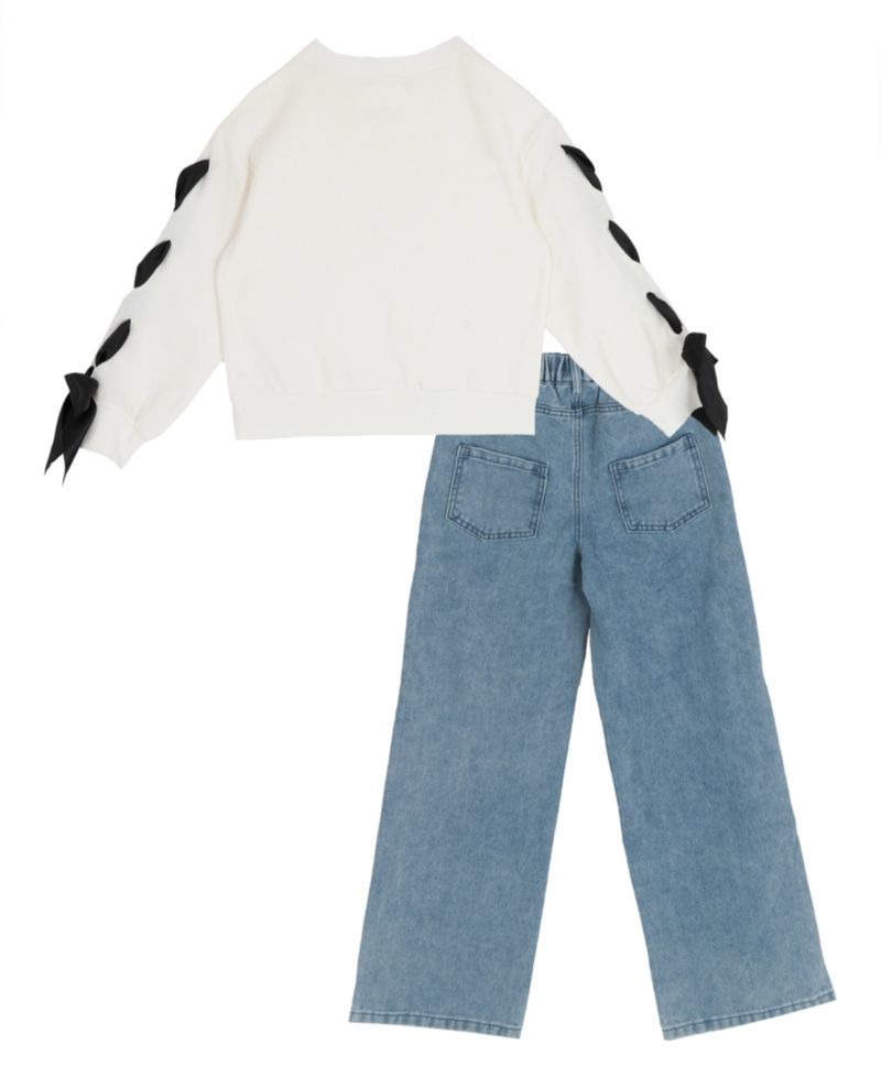 Girls' 7-12 Bow-Trim Sweatshirt and Bow-Embellished Wide-Leg Denim Pants, 2-Piece Set