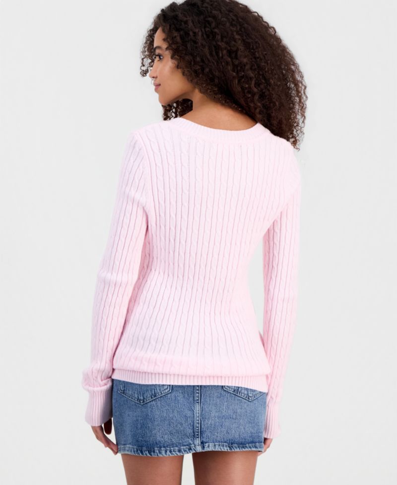 Juniors' Longline V-Neck Cable-Knit Sweater