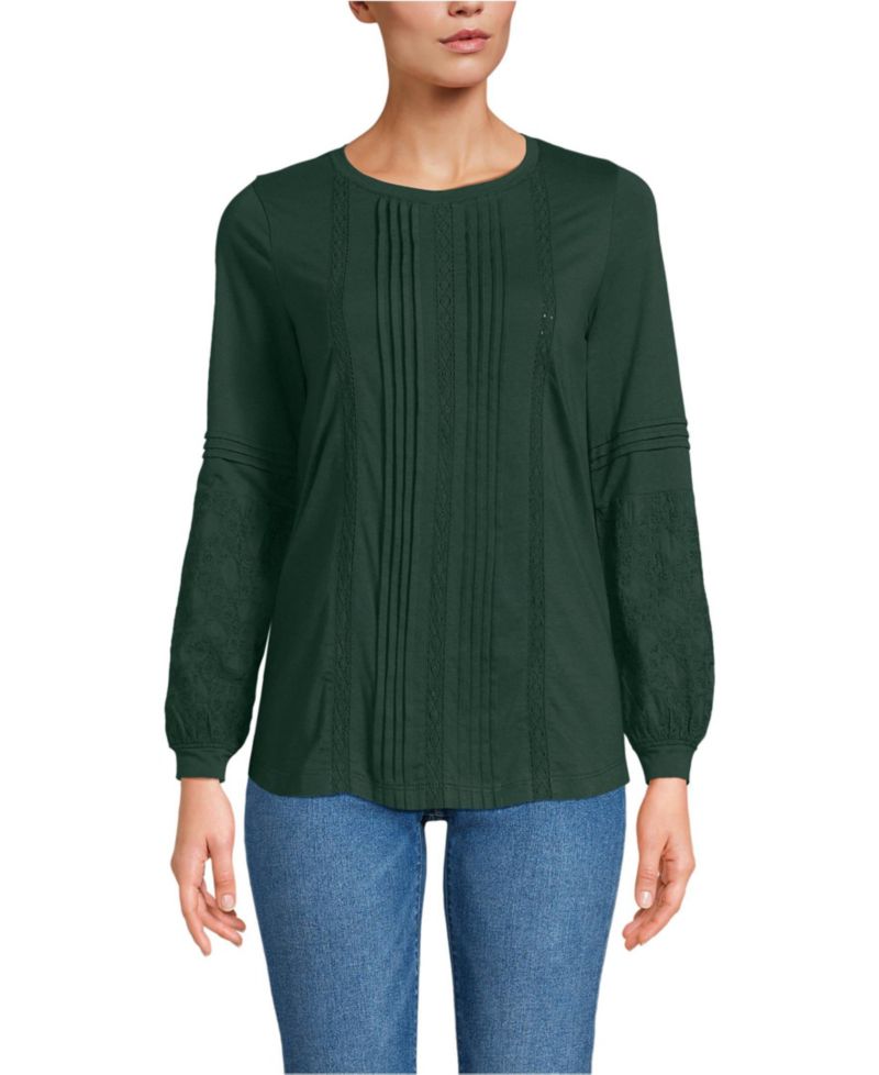 Women's Lightweight Jersey Lace Mix Long Sleeve Pintuck Top