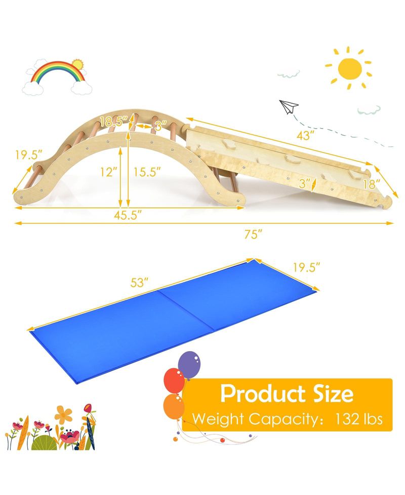 Ages 1+ 3-in-1 Reversible Wooden Ladder Arch, Ramp and Rocker Board, 3-Piece Set