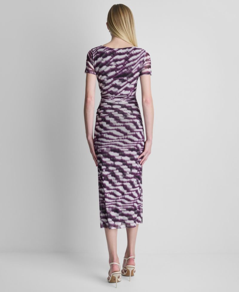 Women's Printed Side Knot Mesh Midi Dress