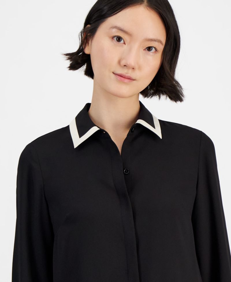 Women's Contrast-Trim Button-Front Blouse