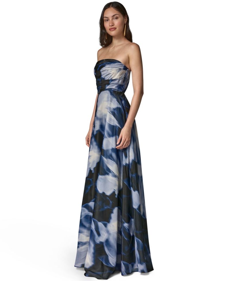 Women's Printed Organza Strapless Gown