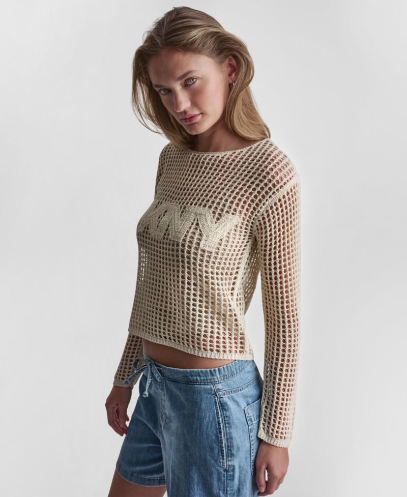 Petite Long-Sleeve Pointelle Crochet Open-Stitch Boat Neck Logo Sweater