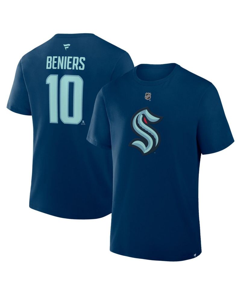 Men's Matty Beniers Deep Sea Blue Seattle Kraken Authentic Stack Name & Number T-Shirt