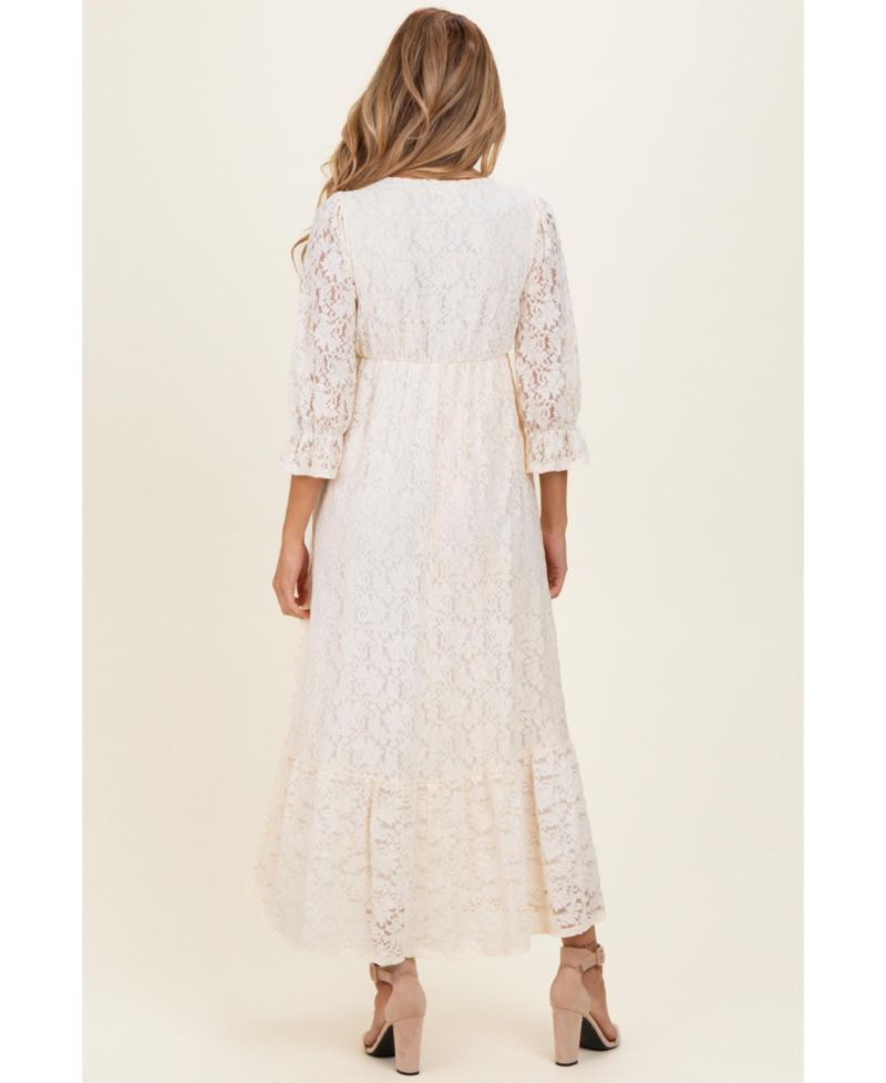 Women's Ivory Floral Lace 3/4 Ruffle Sleeve V-Neck Maxi Dress