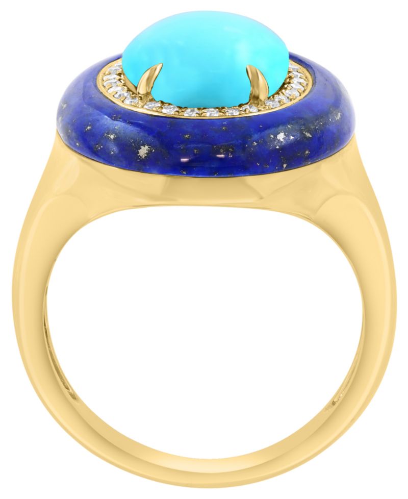 Turquoise (11x9mm), Lapis (18x16.5mm) & Diamond (1/8 ct. t.w.) Ring in Gold over Silver