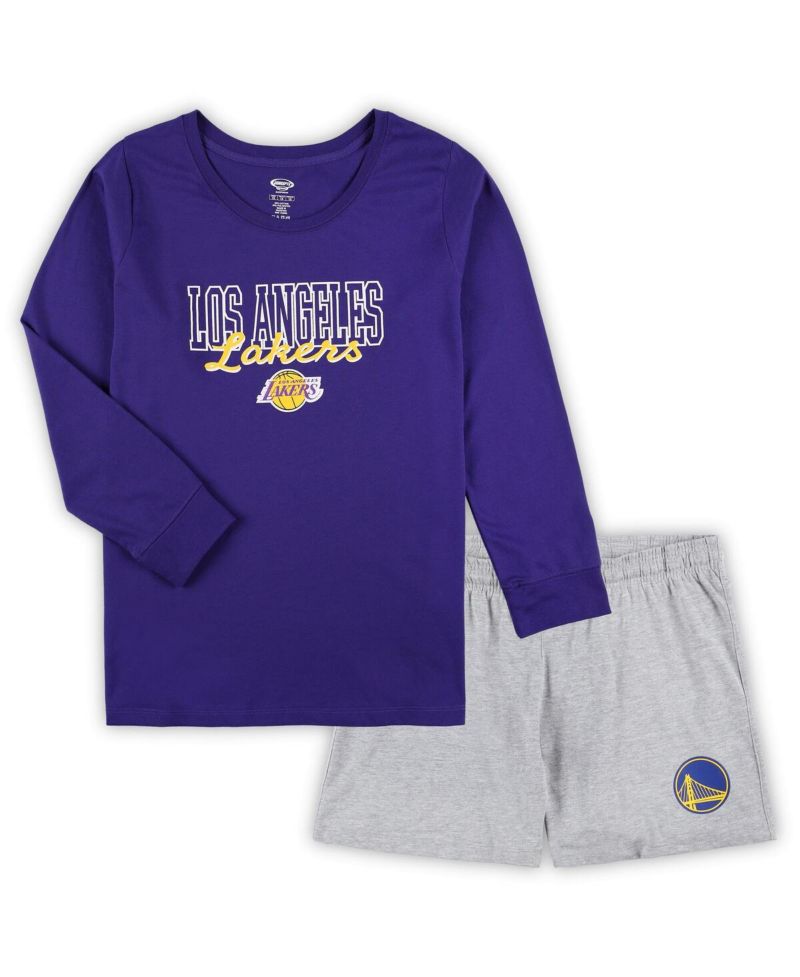 Women's Purple, Heather Gray Los Angeles Lakers Plus Size Long Sleeve T-shirt and Shorts Sleep Set