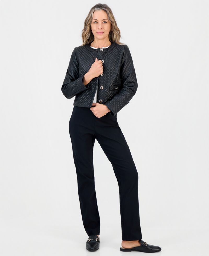 Petite Quilted Faux-Leather Button-Front Jacket