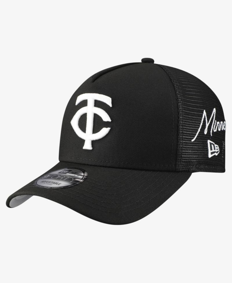 Men's Black Minnesota Twins Side Script 9FORTY A-Frame Trucker Adjustable Hat